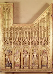Das Altarbild der Kreuzigung, Detail des linken Panels mit den Heiligen Georg, Maria Magdalena, Johannes, Katharina von Alexandria und Christophorus, aus der Kirche Chartreuse de Champmol, um 1391